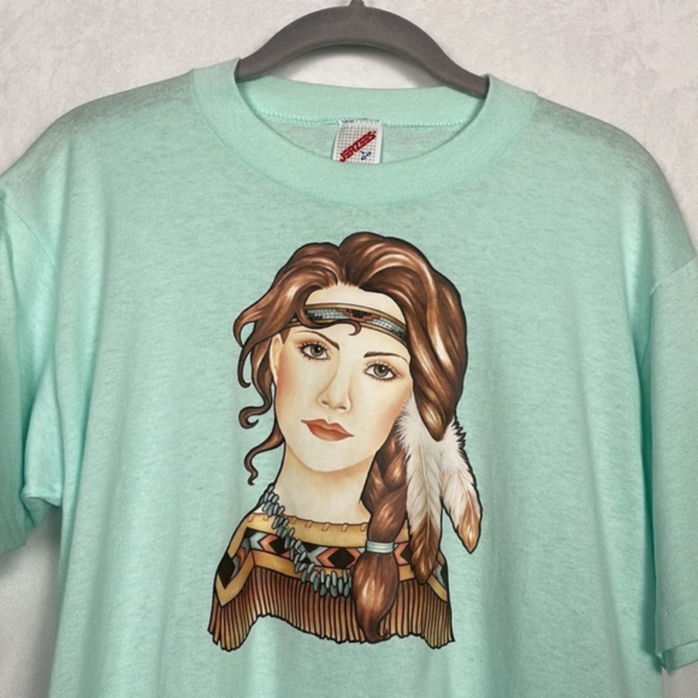 Vintage Women's Single Stitch T-shirt,‎ Native Indian Woman, Mint Green, Size L
